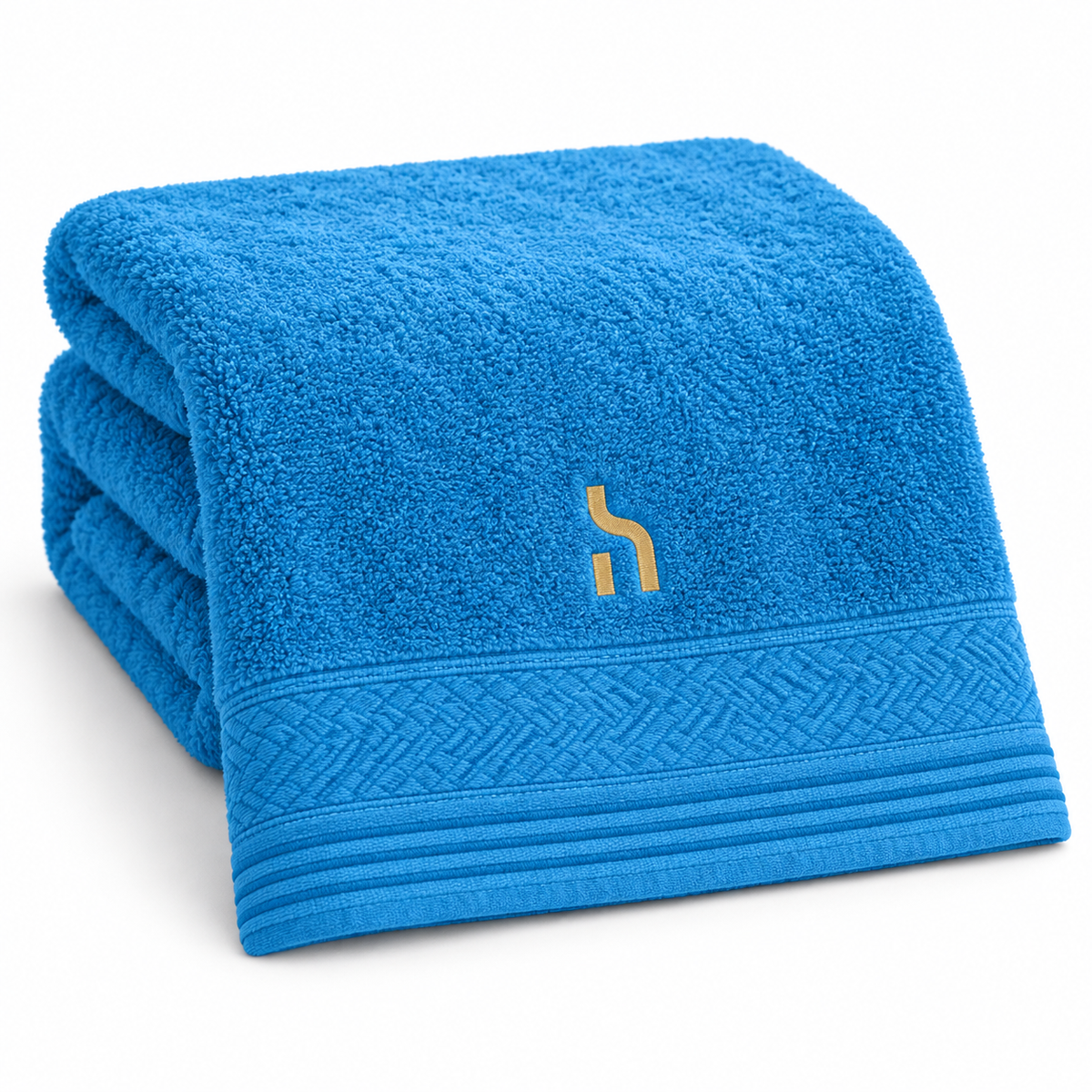 Gefaltetes Aqua-Azure-farbenes Haensch Coast Bamboo Spa Towel mit dekorativem Saum und goldengoldenem Haensch-Zeichen.