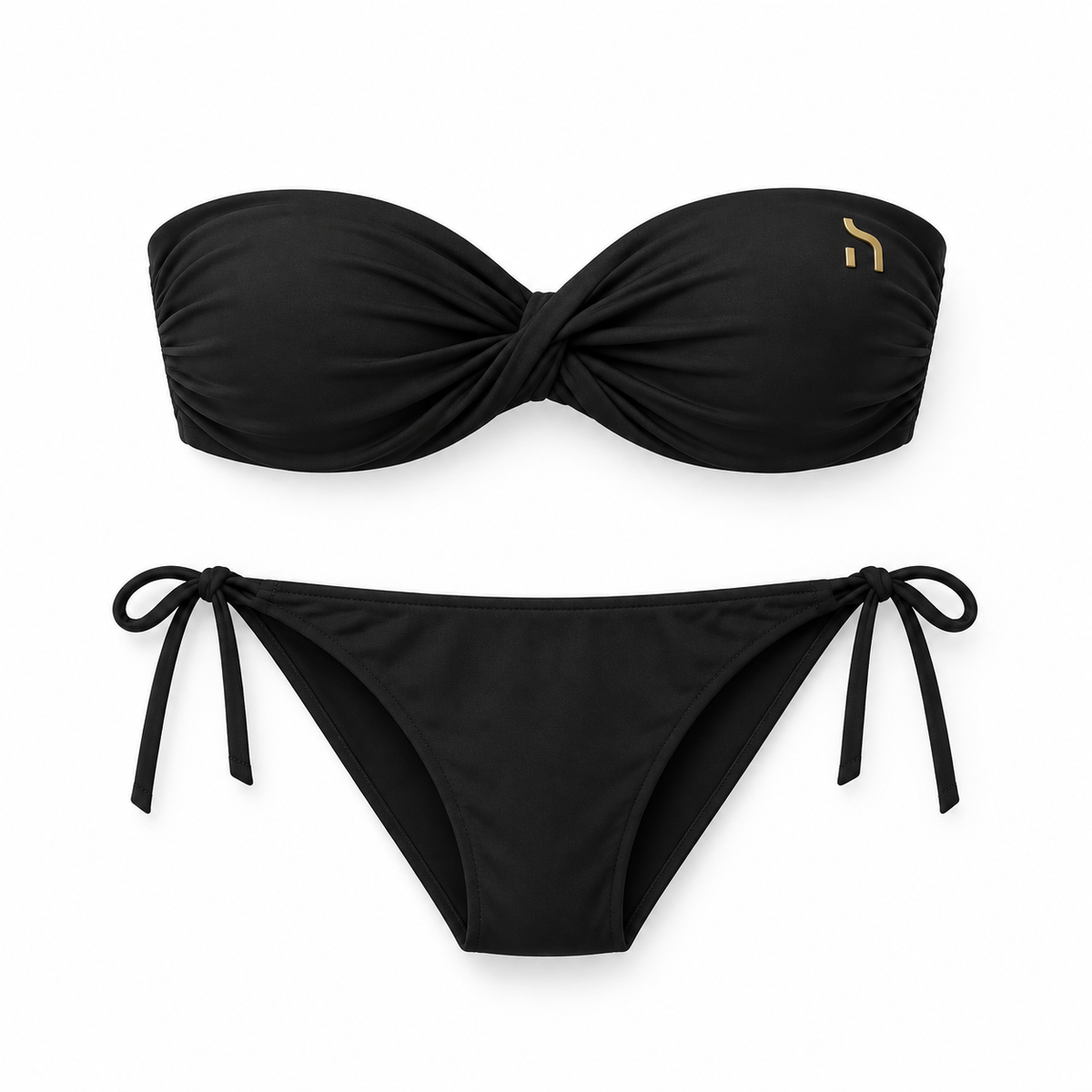 Haensch Coast Bandeau Bikini Damen in Coast Black mit schulterfreiem Bandeau-Oberteil, seitlich gebundenem Bikini-Slip und kleinem goldenem Hänsch-H-Signet
