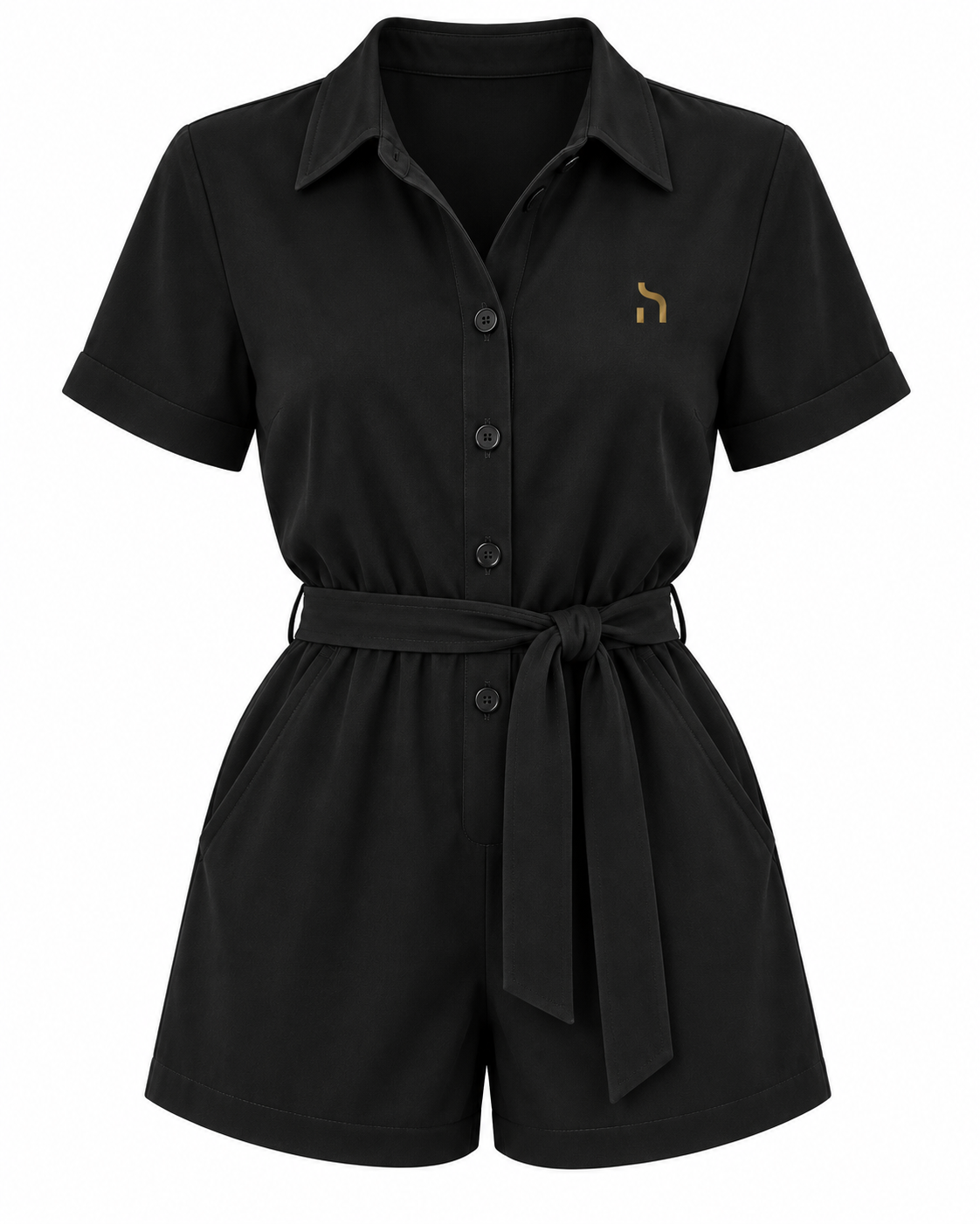 Haensch Coast Belted Viscose Twill Playsuit Damen in Coast Black mit Umlegekragen, Knopfleiste, Bindegürtel, kurzen Ärmeln und kleinem goldenem Hänsch-H-Signet