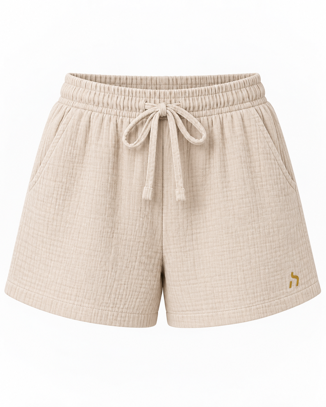 Haensch Coast Breeze Musselin Shorts Damen in Coast Sand mit elastischem Bund, Tunnelzug und goldenem Haensch-Logo.