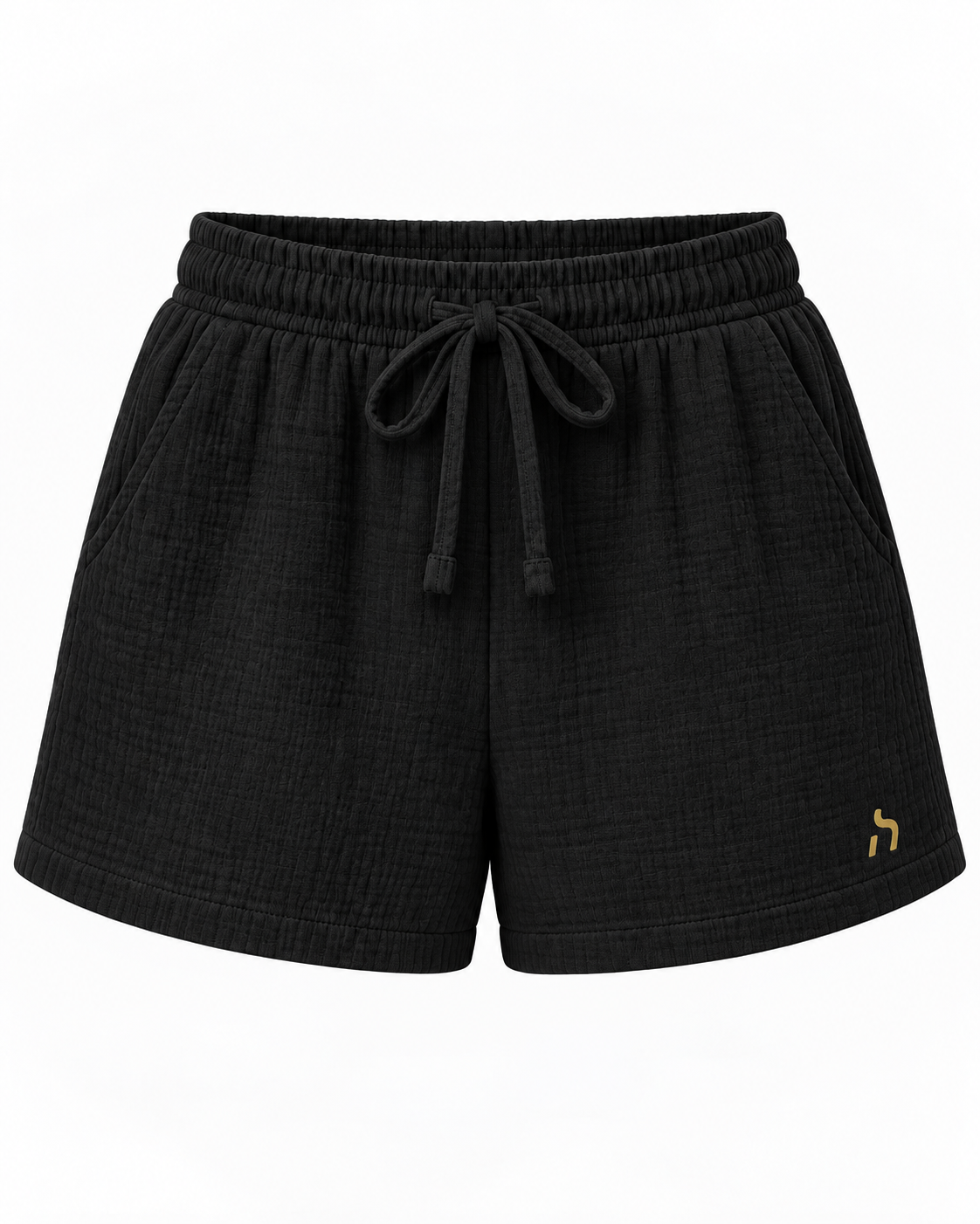 Schwarze Haensch Coast Breeze Musselin Shorts Damen aus strukturiertem Musselin mit Tunnelzug und goldenem Haensch-Logo.