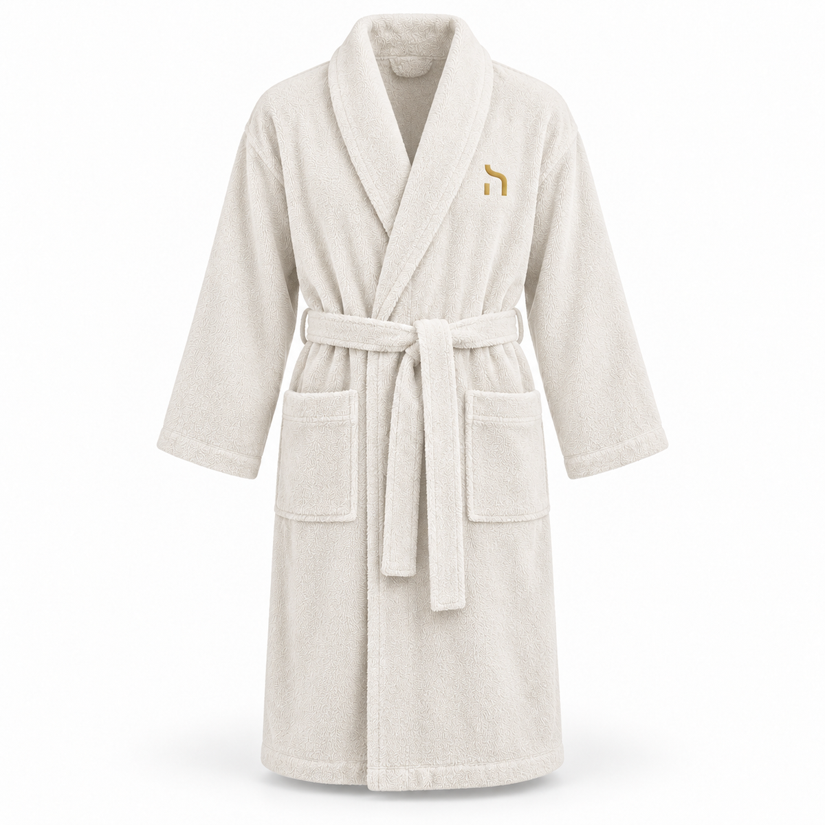 Cremefarbener Haensch Coast Classic Bathrobe aus weichem Baumwollfrottee mit Schalkragen, Bindeguertel, zwei Taschen und goldenem Haensch-Zeichen.