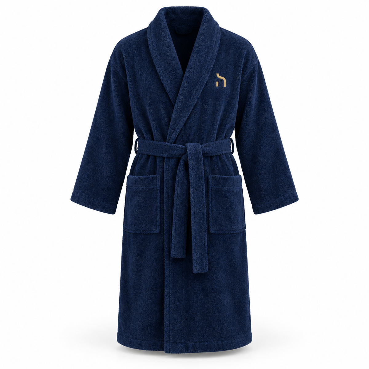 Dunkelblauer Haensch Coast Classic Bathrobe aus weichem Baumwollfrottee mit Schalkragen, Bindeguertel, zwei Taschen und goldenem Haensch-Zeichen.