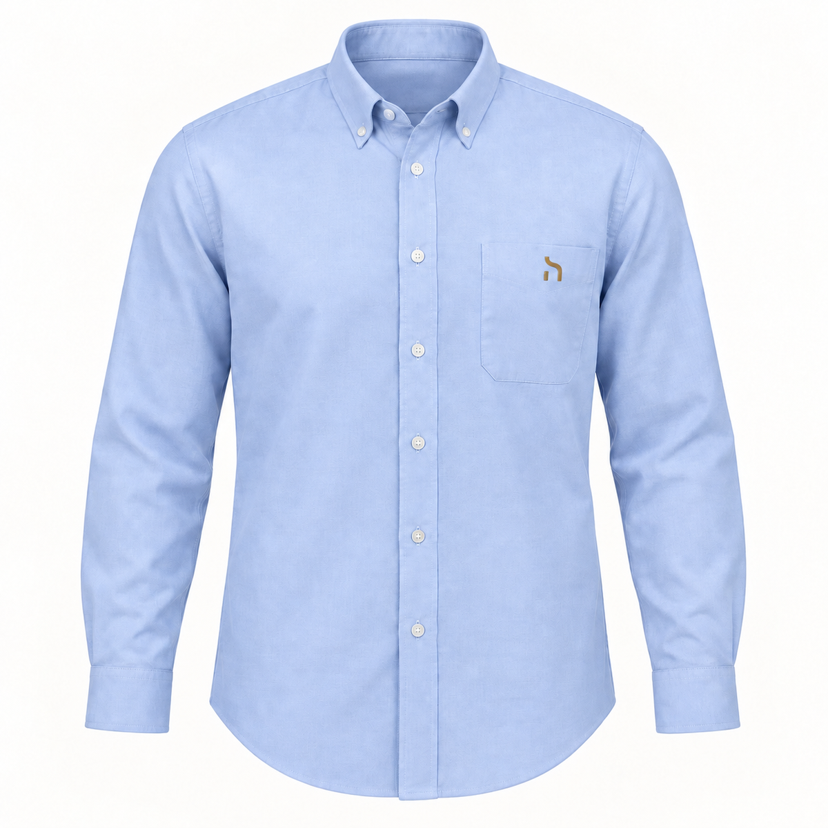 Hellblaues Herren-Oxford-Hemd mit Button-down-Kragen, Brusttasche und kleinem goldenem Haensch-Zeichen.