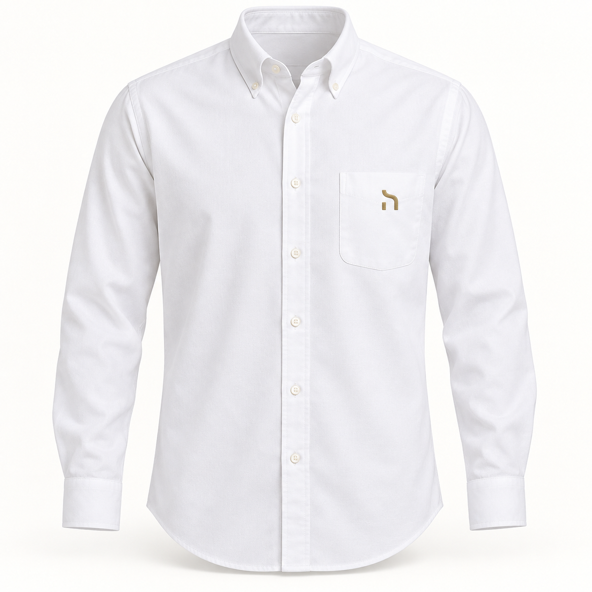 Weißes Herren-Oxford-Hemd mit Button-down-Kragen, Brusttasche und goldenem Haensch-Zeichen.