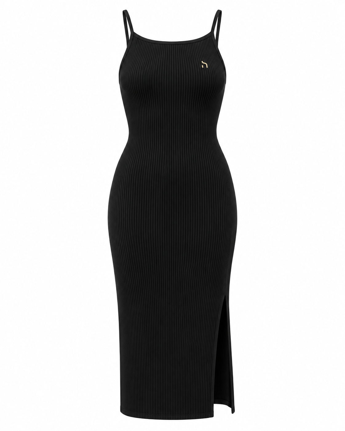 Haensch Coast Crossback Rib Knit Midi Dress Damen in Coast Black mit feinem Rippstrick, Midi-Länge, Beinschlitz und kleinem goldenem Hänsch-H-Signet