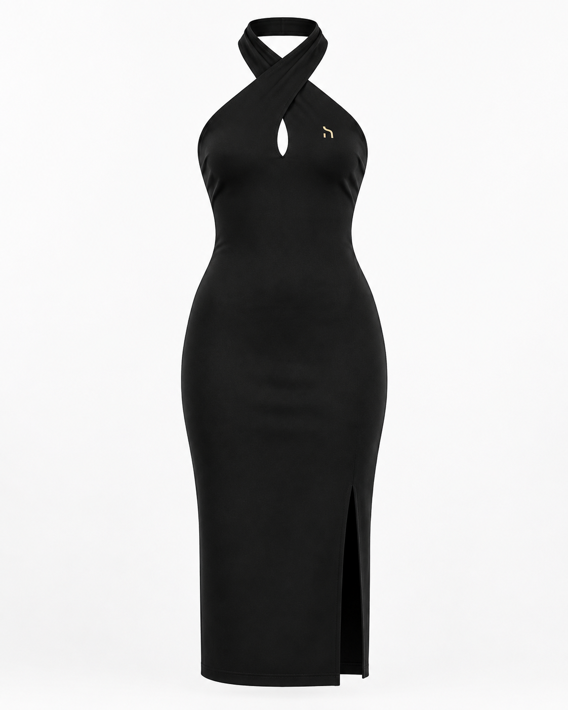 Schwarzes Haensch Coast Crossed Neckholder Dress Damen in Coast Black mit gekreuztem Neckholder, Keyhole-Detail, Seitenschlitz und goldenem H-Signet.