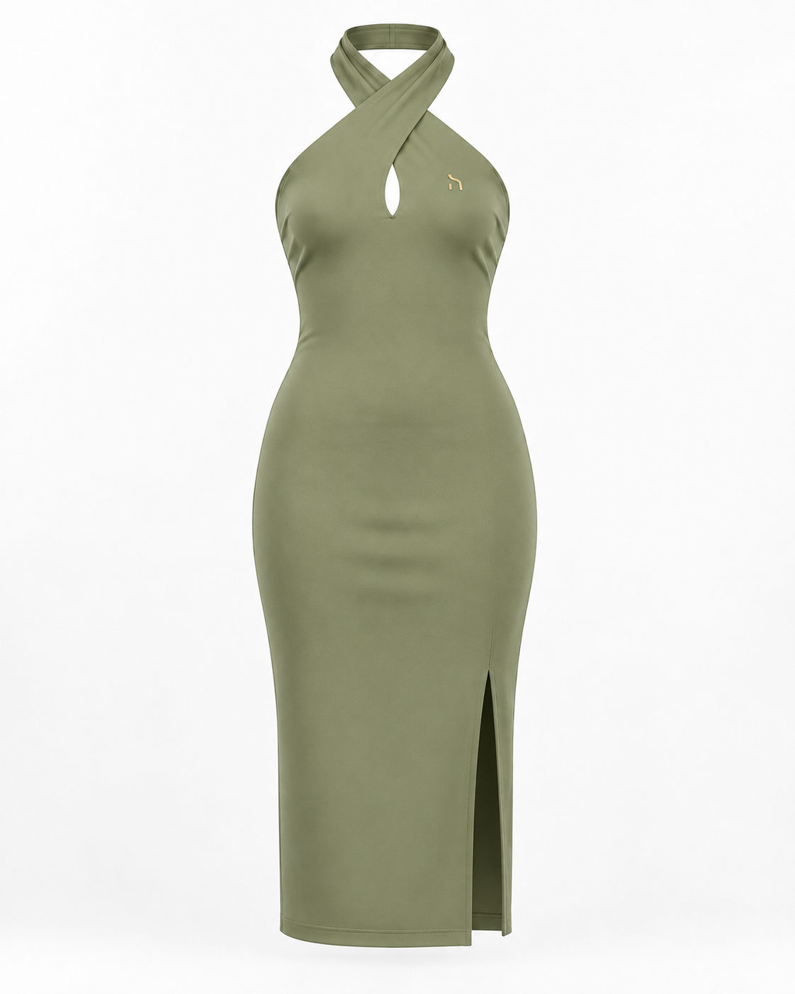 Haensch Coast Crossed Neckholder Dress Damen in Coast Pale Olive mit gekreuztem Neckholder, Keyhole-Detail, figurbetonter Midi-Silhouette und goldenem H-Signet.