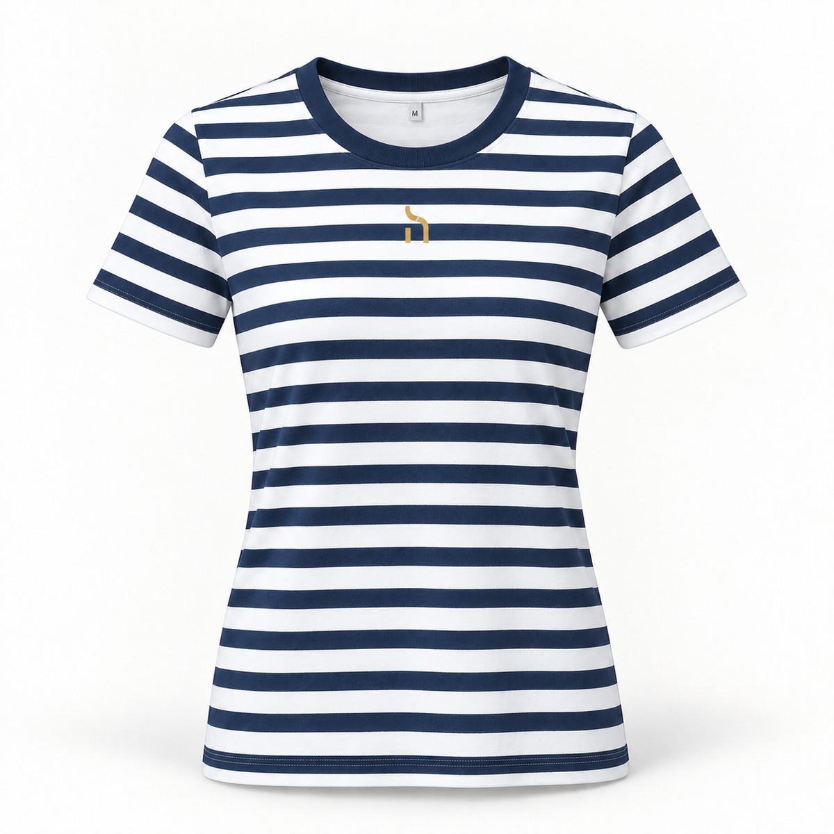 Gestreiftes Haensch Coast Damen T-Shirt in White Navy mit dunkelblauem Rundhalsausschnitt und kleinem goldenem Haensch-Zeichen auf der Vorderseite.