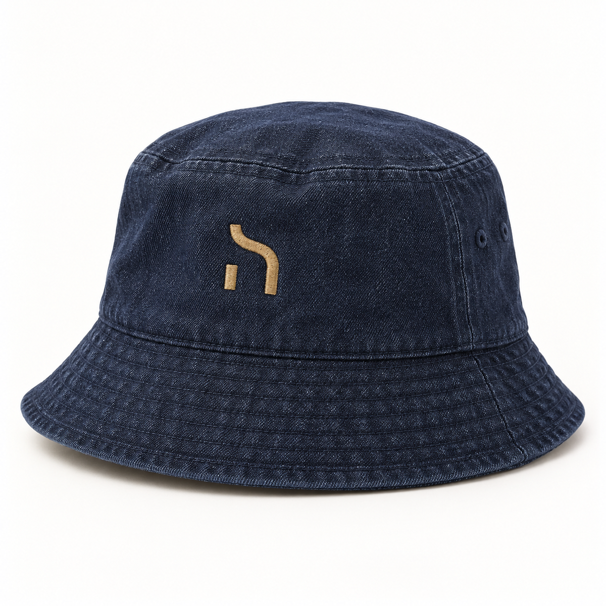 Marineblauer Haensch Coast Denim Bucket Hat mit weicher Krempe, sichtbaren Ziernaehten und goldenem Haensch-Zeichen auf der Vorderseite.