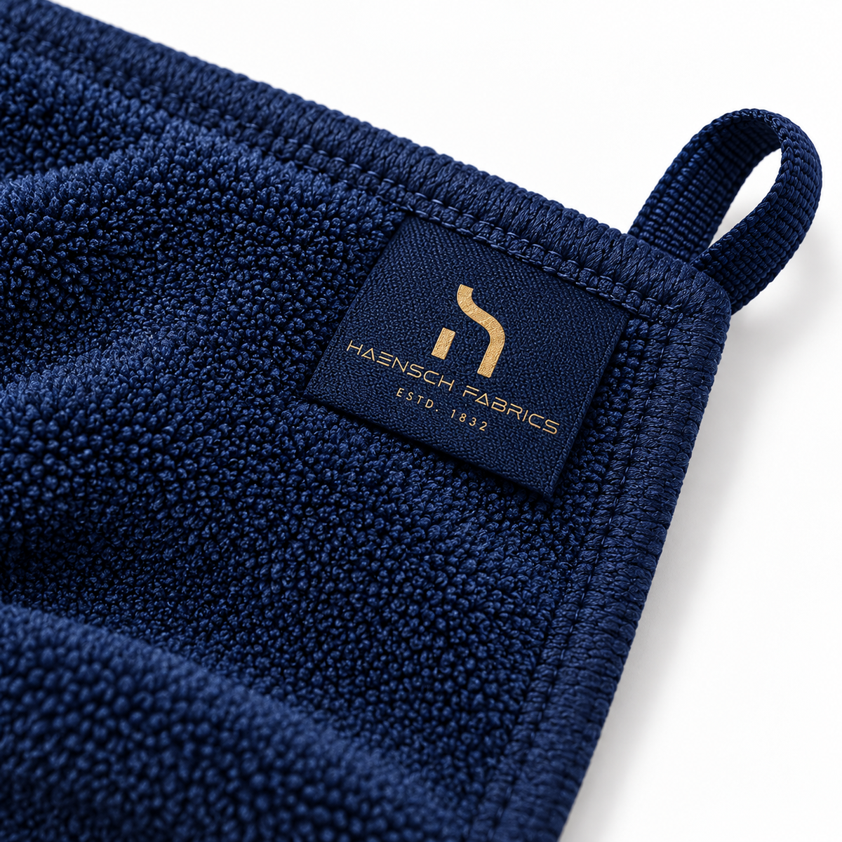 Detailaufnahme des dunkelblauen Mikrofaser-Hundehandtuchs mit strukturierter Oberfläche, Schlaufe und goldenem Haensch Fabrics Logo.