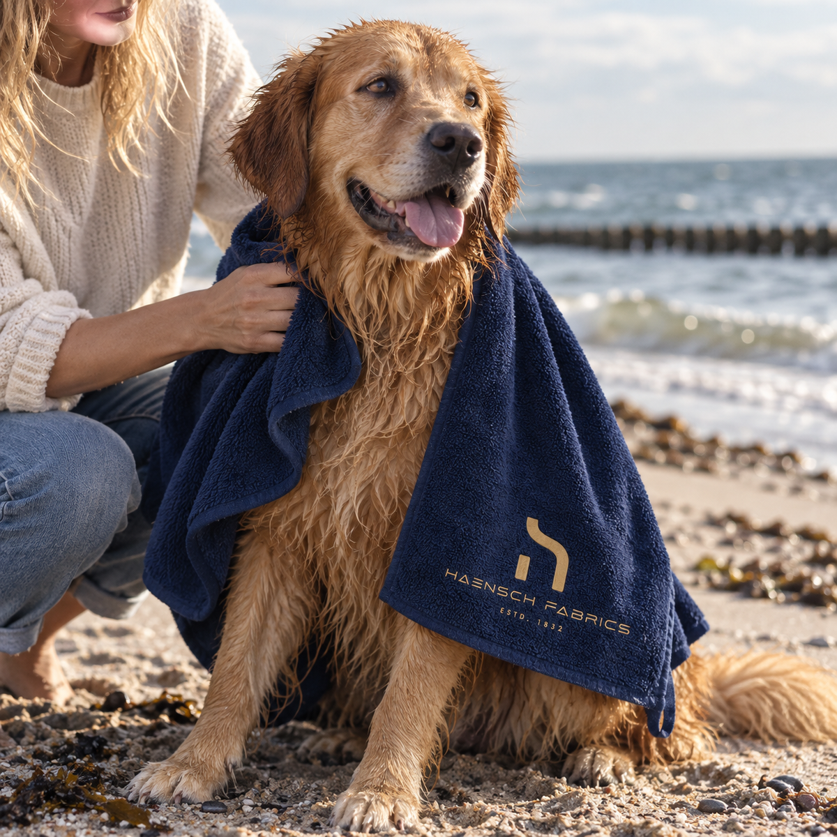 Nasser Golden Retriever wird am Strand mit dem Haensch Coast Dog Drying Towel in Deep Navy mit goldenem Haensch Fabrics Logo abgetrocknet.