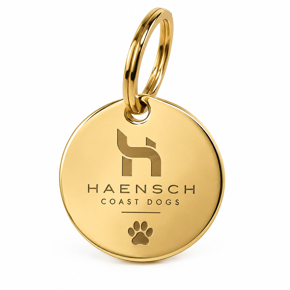 Runde goldfarbene Haensch Coast Dog ID Tag Hundemarke mit Haensch Logo und Befestigungsring auf weißem Hintergrund.