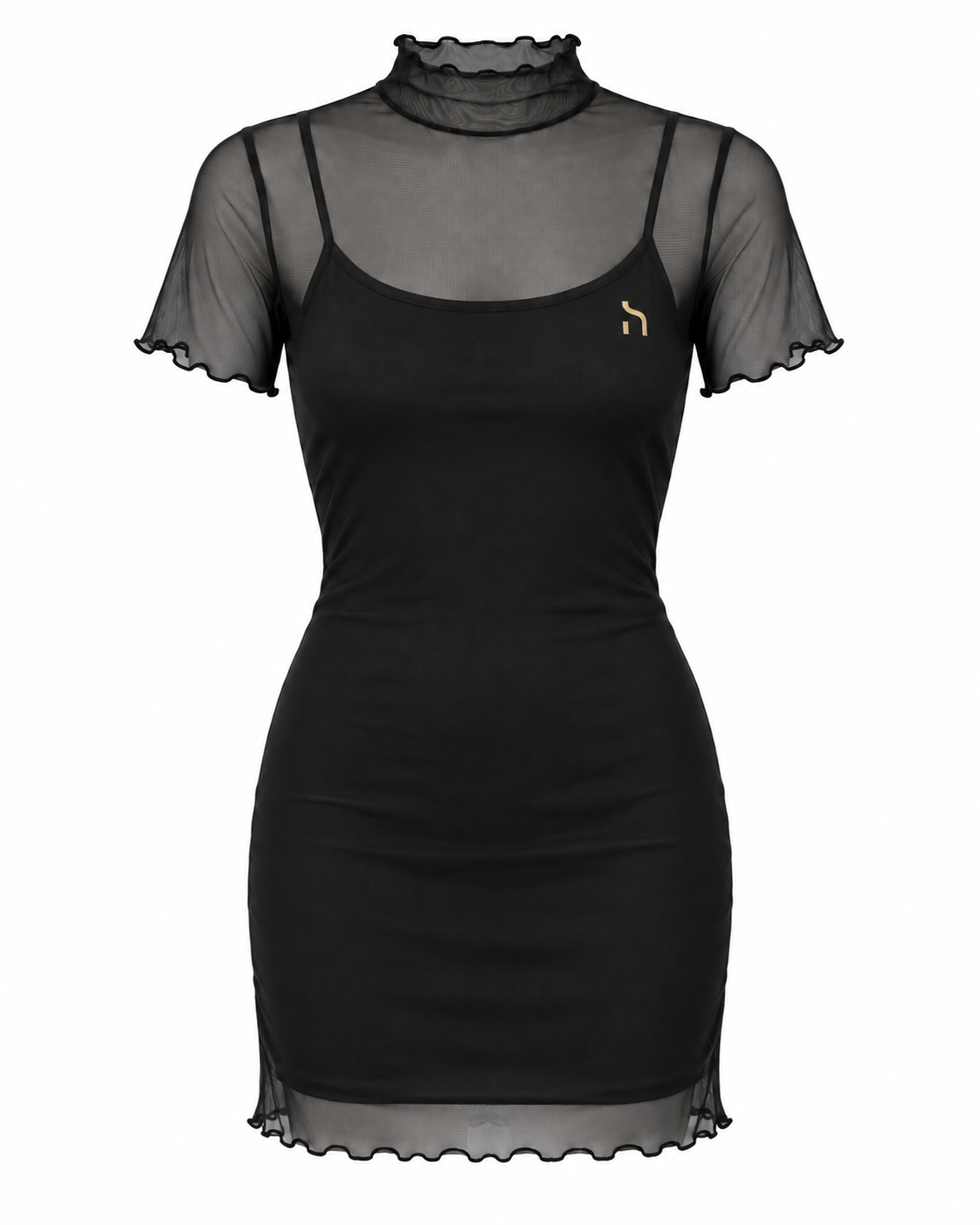 Haensch Coast Double Layer Mesh Mini Dress Damen in Coast Black mit transparentem Mesh-Oberkleid, blickdichtem Unterkleid, Volantsaum und kleinem goldenem Hänsch-H-Signet
