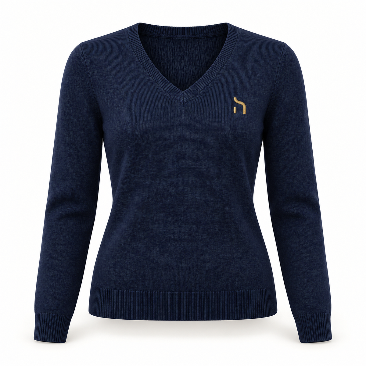 Taillierter Haensch Coast Fine Knit Pullover für Damen in Navy mit V-Ausschnitt und kleinem goldenem Brustzeichen.
