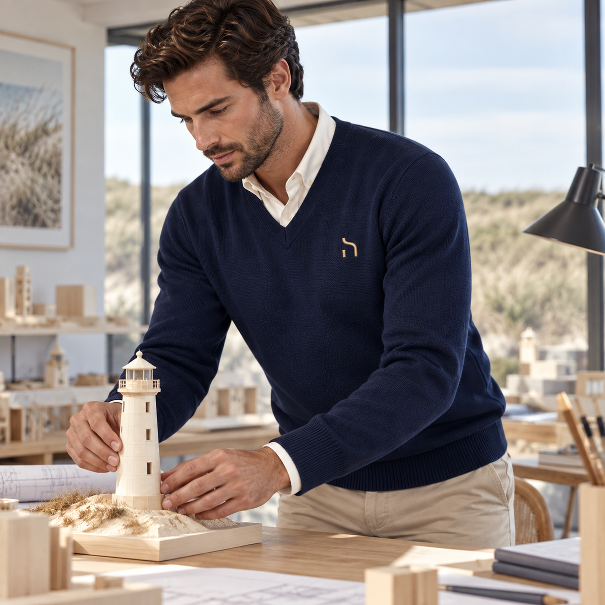 Dunkelhaariger Mann trägt den Haensch Coast Fine Knit Pullover über einem cremefarbenen Hemd und arbeitet an einem Leuchtturmmodell.