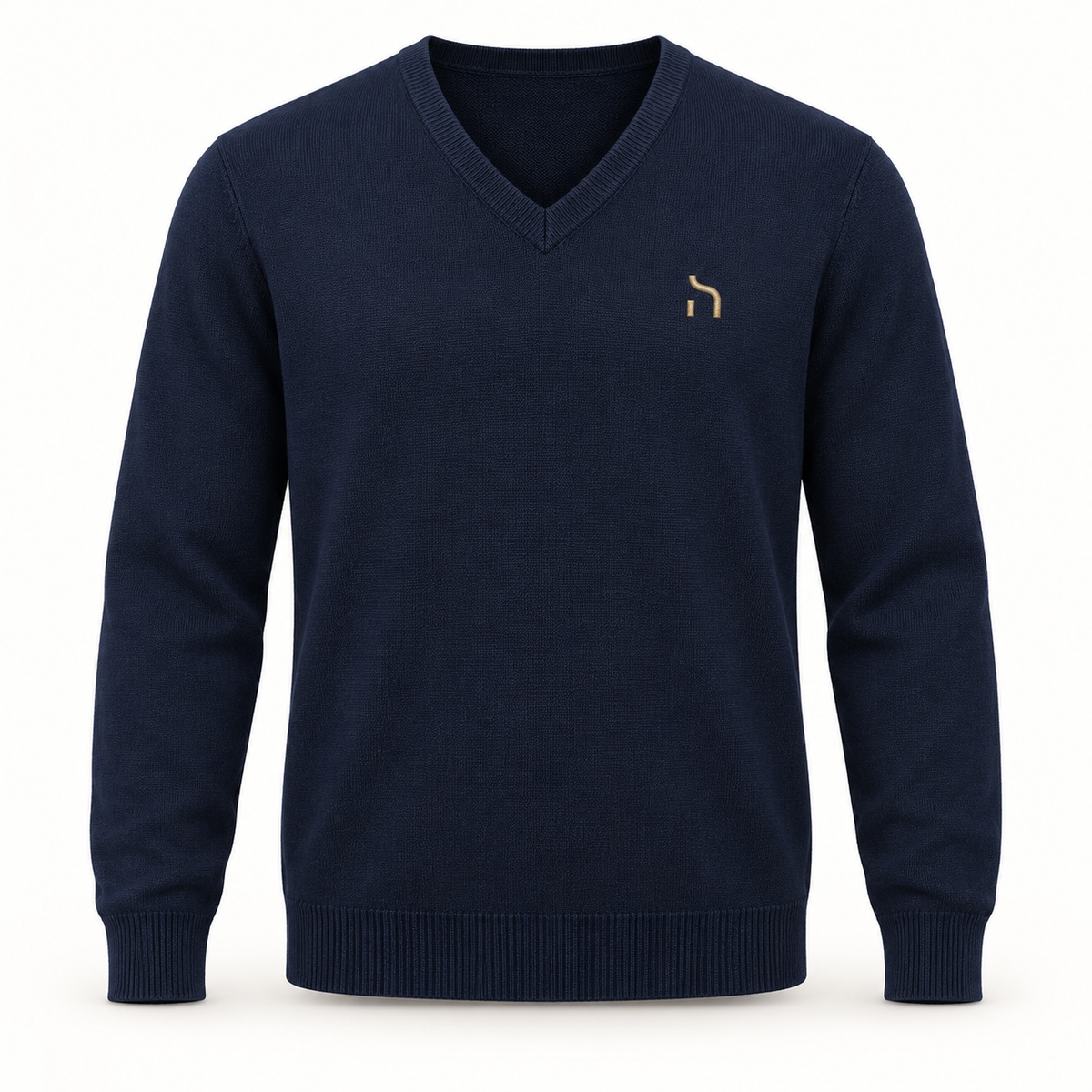 Gerade geschnittener Haensch Coast Fine Knit Pullover für Herren in Navy mit V-Ausschnitt und goldenem Haensch-Zeichen.