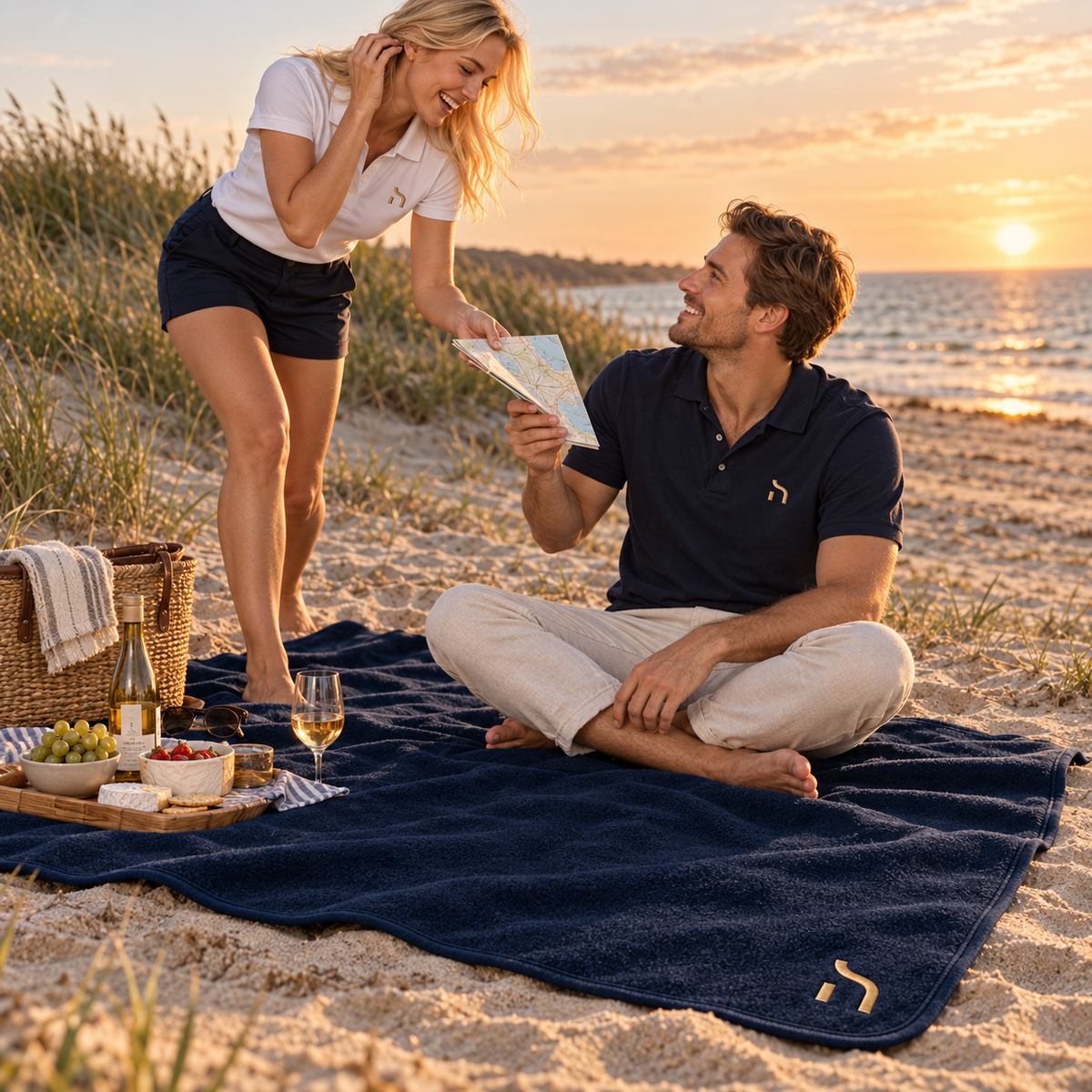 Junges Paar genießt ein gemeinsames Picknick auf der navyfarbenen Haensch Coast Fleece Picknickdecke am Ostseestrand.