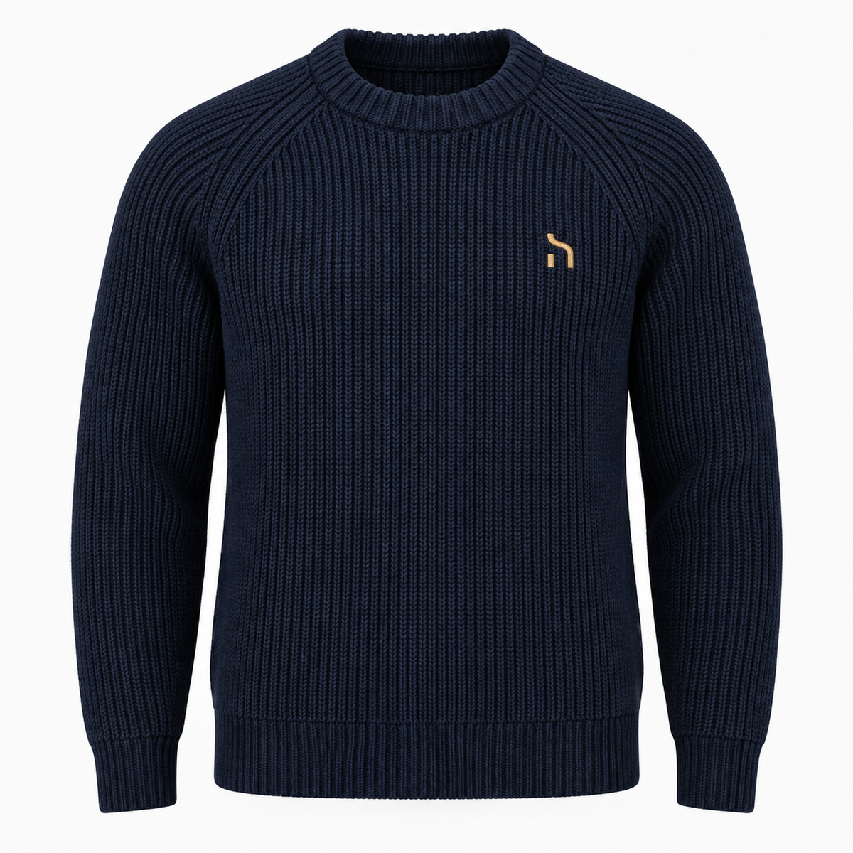 Haensch Coast Heavy Knit Sweater Herren in Coast Navy mit grober Rippstruktur, Raglanärmeln und goldenem Haensch-Zeichen.