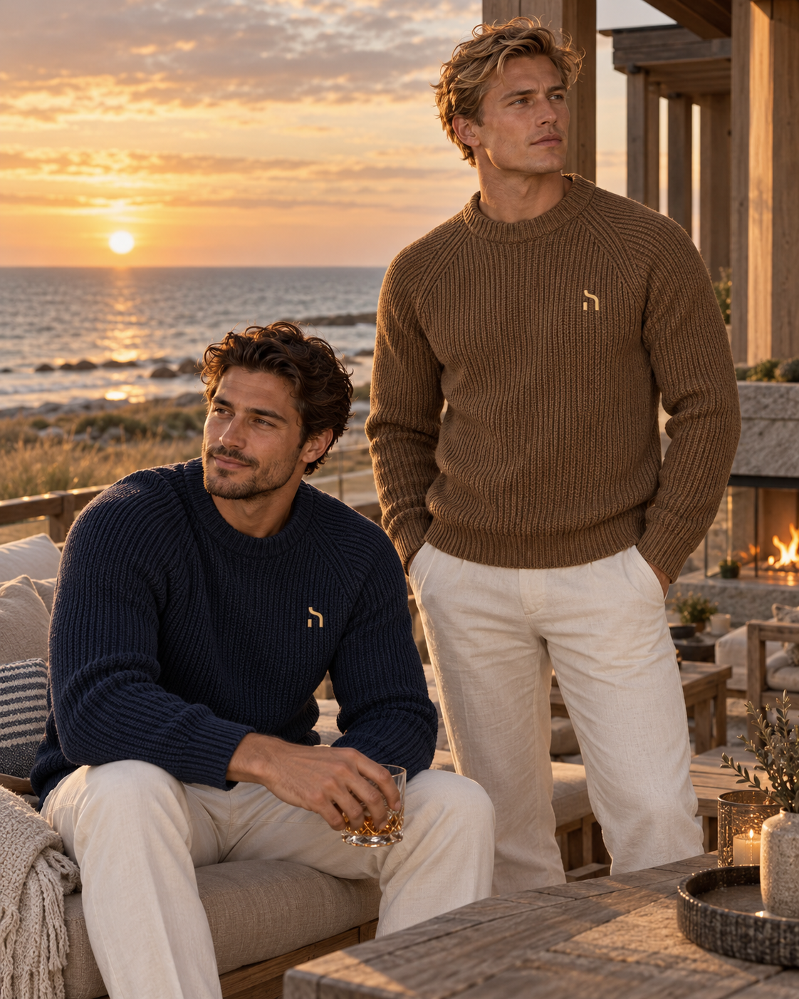 Zwei Männer in Haensch Coast Heavy Knit Sweatern in Coast Navy und Dune Toffee auf einer hochwertigen Ostsee-Terrasse bei Sonnenuntergang.