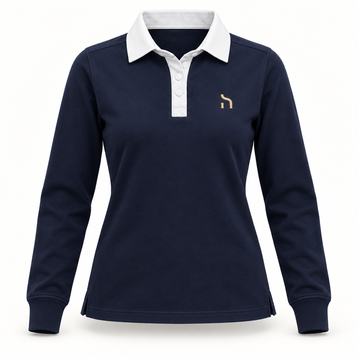 Tailliertes Haensch Coast Heritage Rugbyshirt für Damen in Navy mit weißem Webkragen und goldenem BrustzeichenBrustzeichenzeichen.