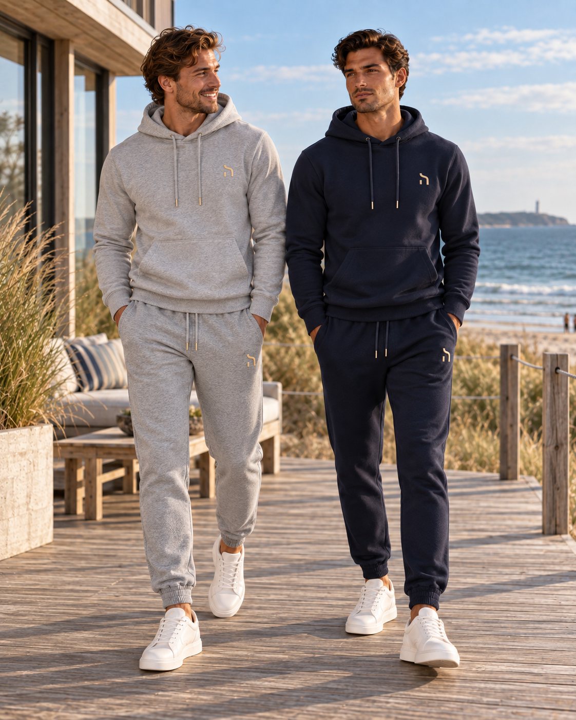 Zwei Männer im Haensch Coast Set in Deep Navy mit Hoodie und Jogpants auf einem Holzsteg am Wasser.