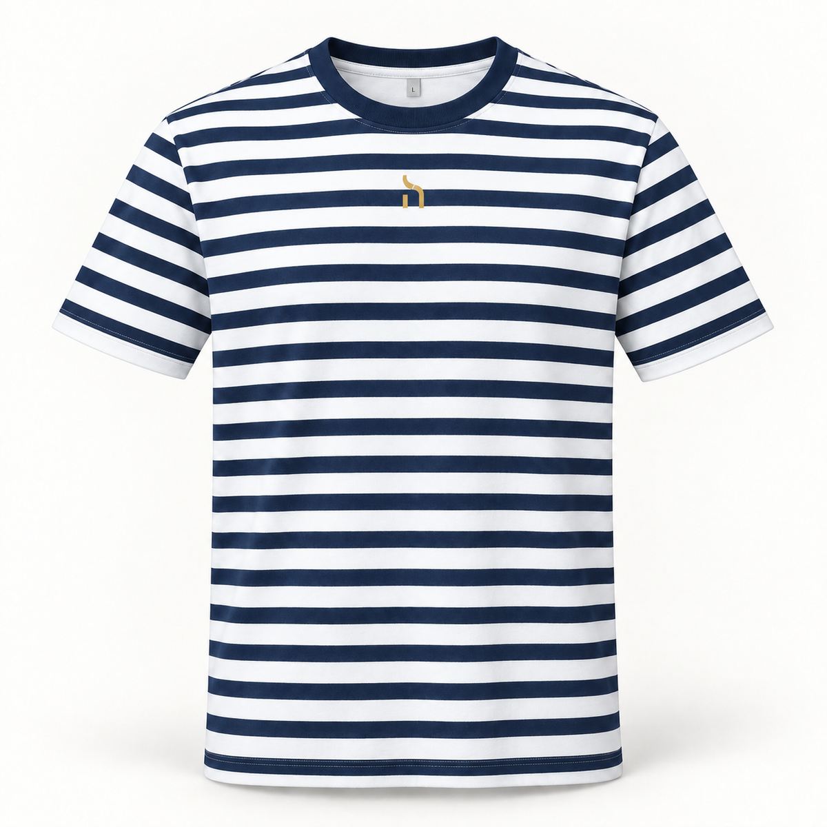 Gestreiftes Haensch Coast Herren T-Shirt in White Navy mit dunkelblauem Rundhalsausschnitt und kleinem goldenem Haensch-Zeichen auf der Vorderseite.