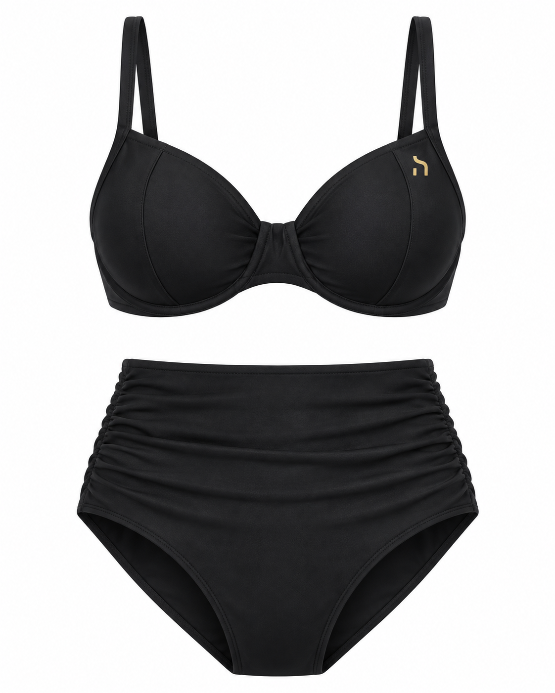 Haensch Coast High Waist Bikini Damen in Coast Black mit gepolstertem Oberteil, hoch geschnittenem Bikini-Slip, seitlichen Raffungen und kleinem goldenem Hänsch-H-Signet