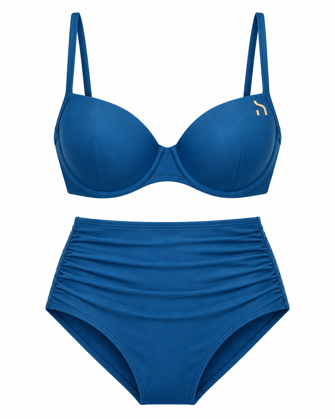 Haensch Coast High Waist Bikini Damen in Coast Ocean Blue mit gepolstertem Oberteil, hoch geschnittenem Bikini-Slip, seitlichen Raffungen und goldenem Hänsch-H-Signet