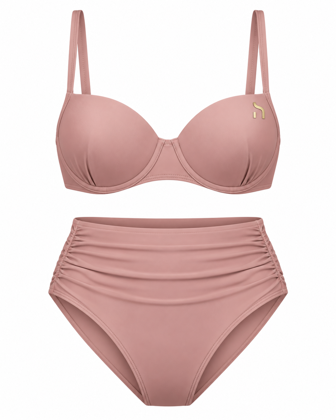 Haensch Coast High Waist Bikini Damen in Coast Powder Rose mit gepolstertem Oberteil, High-Waist-Slip, femininer Raffung und kleinem goldenem Hänsch-H-Signet