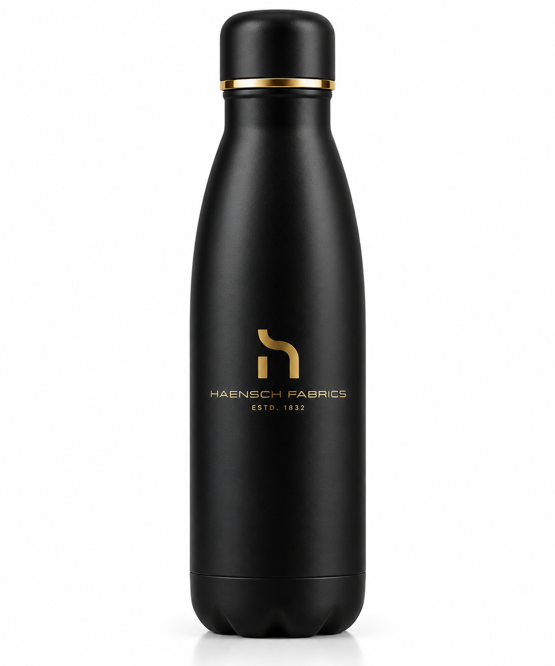 Matte black Haensch Coast insulated bottle with gold H logo and gold accent ring on a clean white background.