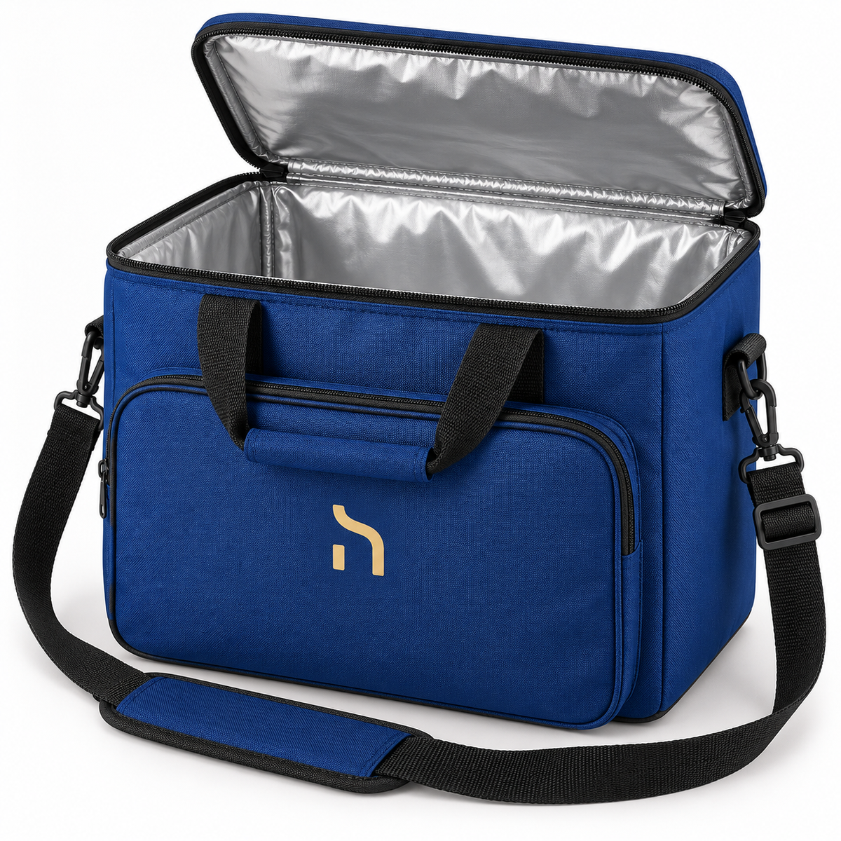 Geöffnete Haensch Coast Kühltasche in Cobalt Blue mit isoliertem Innenfach und goldenem Haensch-Zeichen.