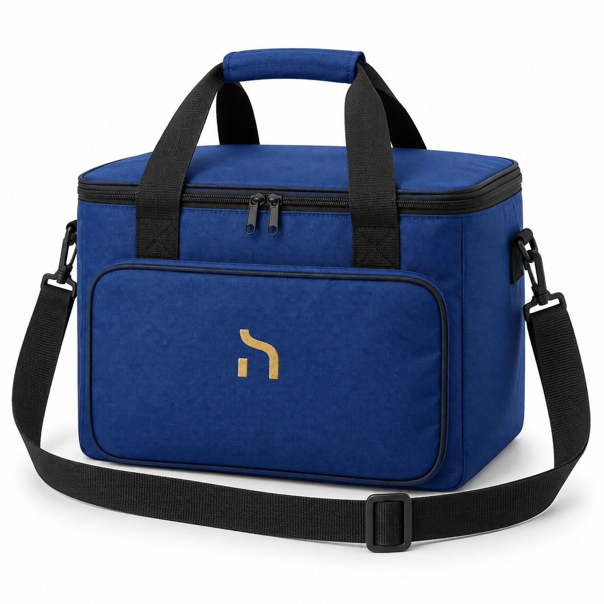 Geschlossene cobalt-blaue Haensch Coast Kühltasche mit schwarzem Schultergurt und goldenem Haensch-Zeichen.