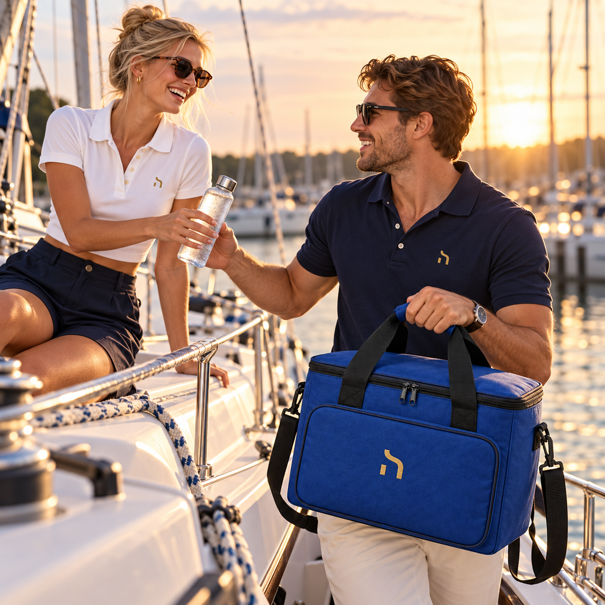 Junges Paar mit cobalt-blauer Haensch Coast Kühltasche und passenden Poloshirts auf einem Segelboot im Abendlicht.
