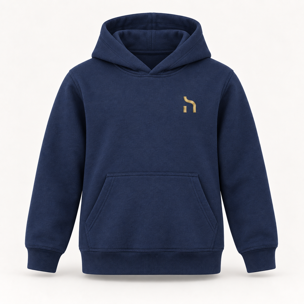 Marineblauer Haensch Coast Kids Hoodie mit Kängurutasche, Kapuze ohne Kordelzug und goldenem Haensch-Zeichen.