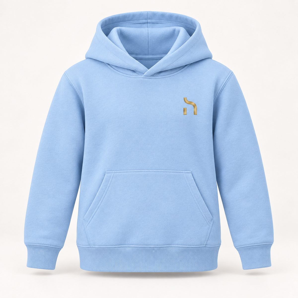 Himmelblauer Haensch Coast Kids Hoodie mit Kängurutasche, Kapuze ohne Kordelzug und goldenem Haensch-Zeichen.