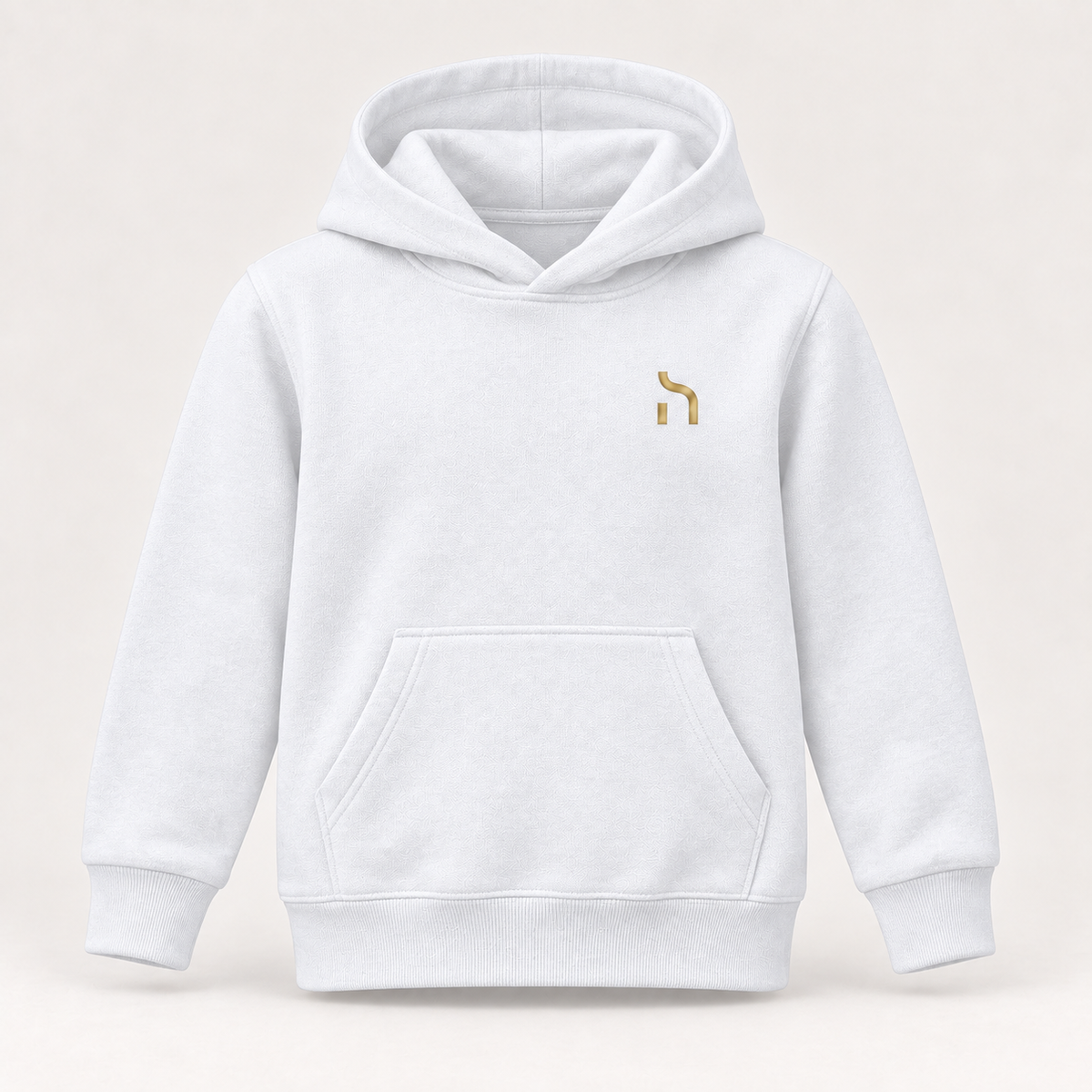 Weißer Haensch Coast Kids Hoodie mit Kängurutasche, Kapuze ohne Kordelzug und goldenem Haensch-Zeichen.