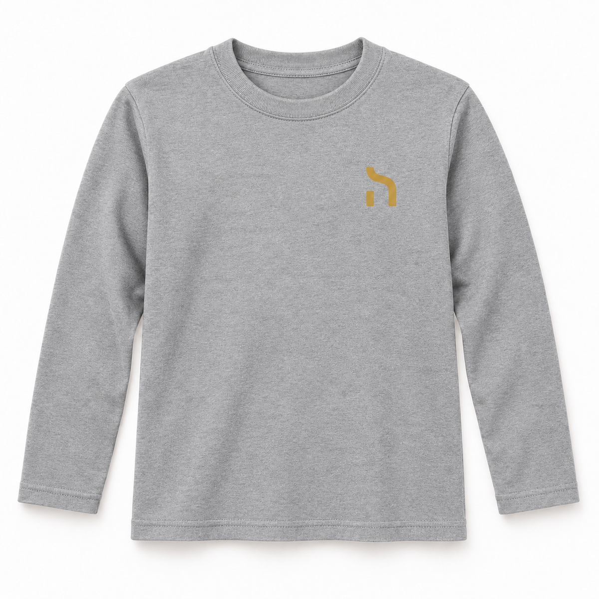 Graumeliertes Haensch Coast Kids Longsleeve mit Rundhalsausschnitt und goldenem Haensch-Zeichen auf der linken Brust.