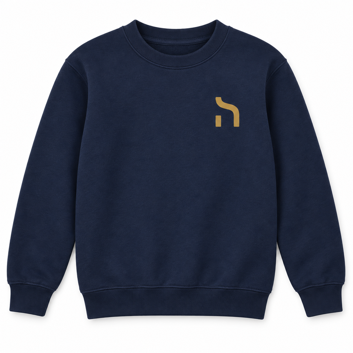 Marineblaues Kinder-Sweatshirt mit goldenem Haensch-Zeichen auf der linken Brust.