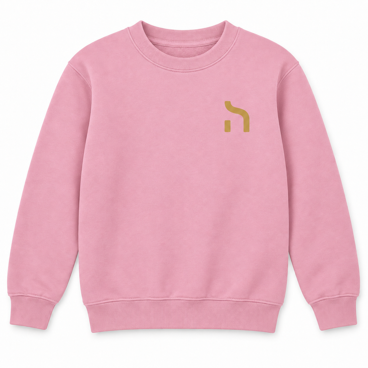 Rosafarbenes Kinder-Sweatshirt mit goldenem Haensch-Zeichen auf der linken Brust.