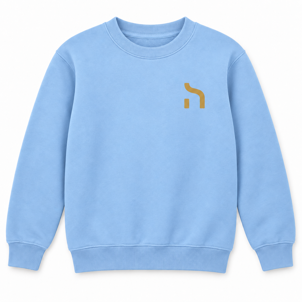 Hellblaues Kinder-Sweatshirt mit goldenem Haensch-Zeichen auf der linken Brust.