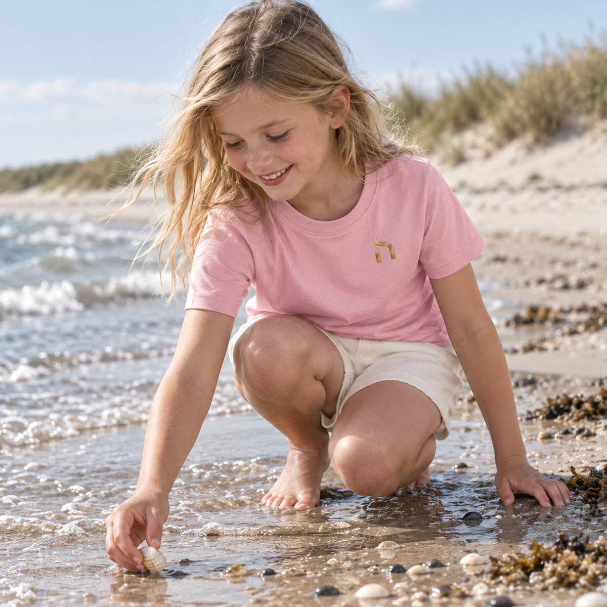 Mädchen trägt das puderrosa Haensch Coast Kids T-Shirt mit goldenem Haensch-Zeichen und sammelt Muscheln am Ostseestrand.