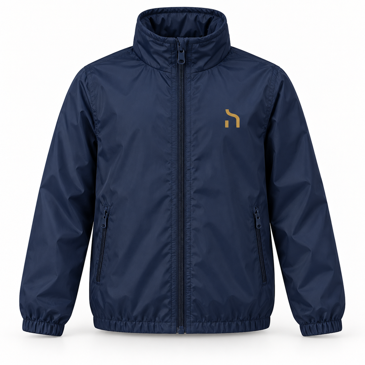 Dunkelblaue Haensch Coast Kids Windjacke mit Reißverschluss und goldenem Haensch-Zeichen auf der linken Brust.