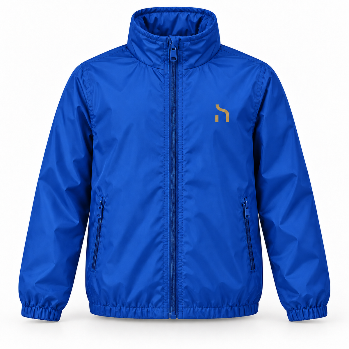 Königsblaue Haensch Coast Kids Windjacke mit Reißverschluss und goldenem Haensch-Zeichen auf der linken Brust.