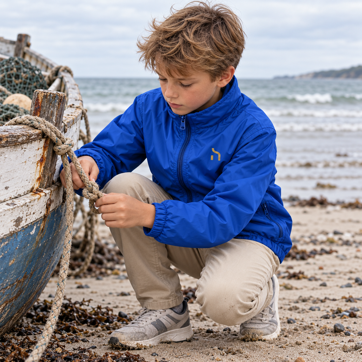 Junge trägt die königsblaue Haensch Coast Kids Windjacke mit goldenem Brustzeichen und befestigt ein Seil an einem Fischerboot am Ostseestrand.