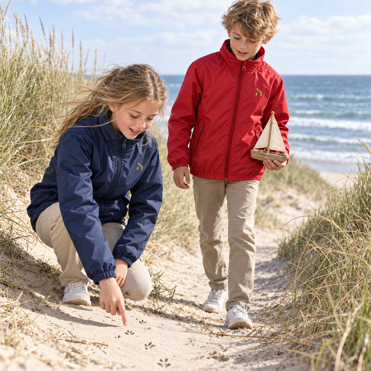 Zwei Kinder tragen Haensch Coast Kids Windjacken in Navy und Rot und entdecken gemeinsam Spuren auf einem sandigen Dünenweg an der Ostsee.