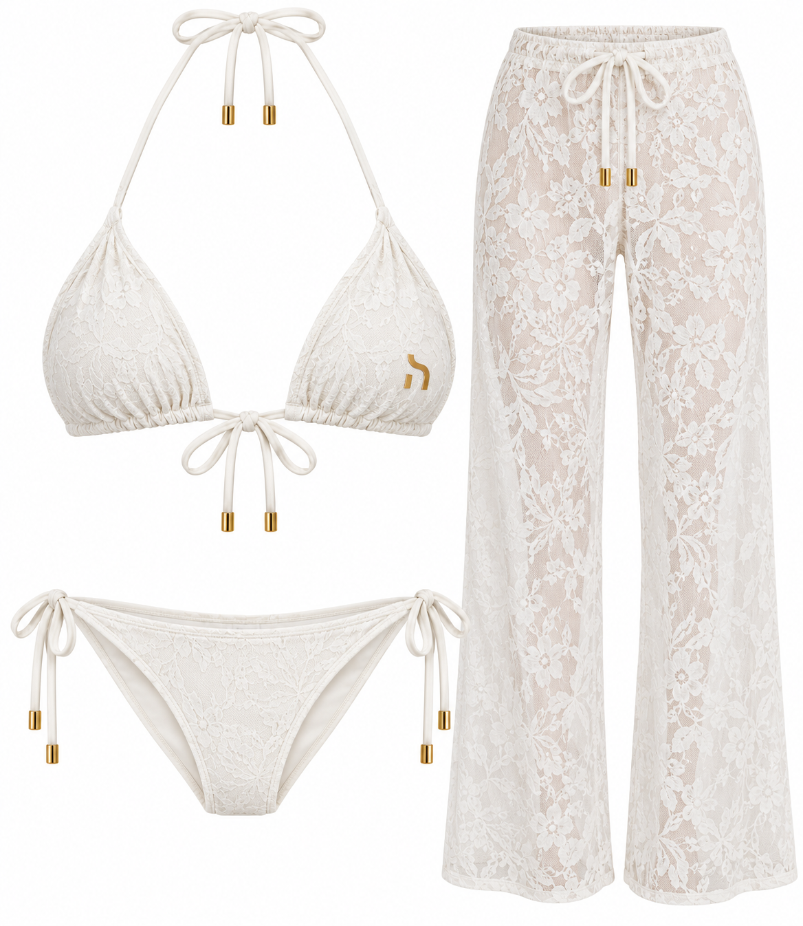 Ivory Haensch Coast 3-piece lace bikini set with triangle top, tie-side bottoms and sheer floral lace pants shown from the front on a white background.