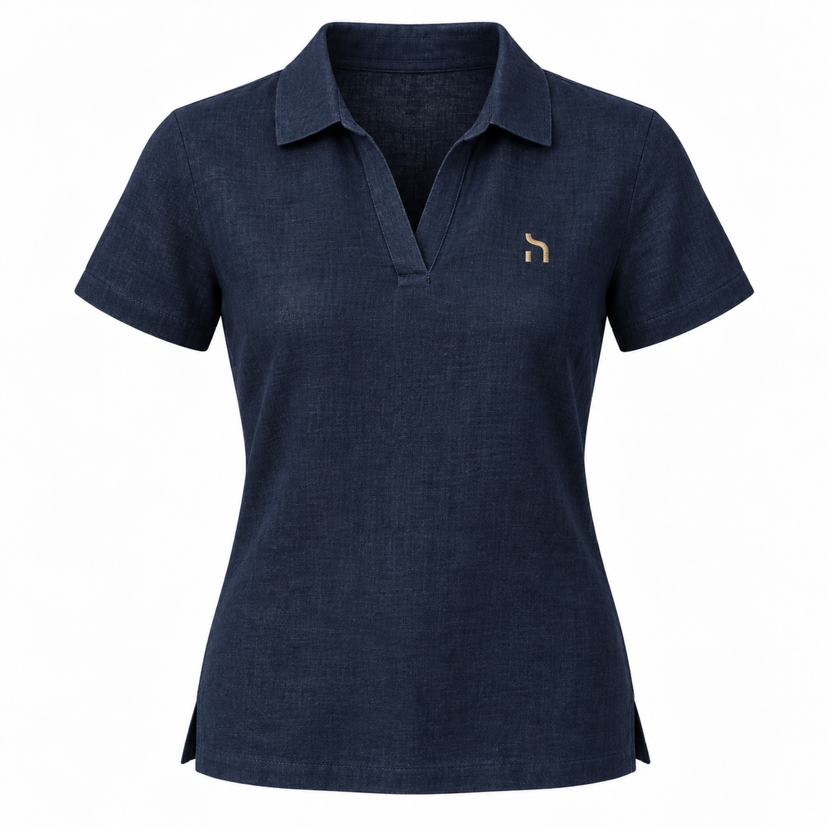 Haensch Coast Linen Polo Damen in Coast Navy aus Leinen mit goldenem H-Logo, freigestellte Vorderansicht auf weißem Hintergrund