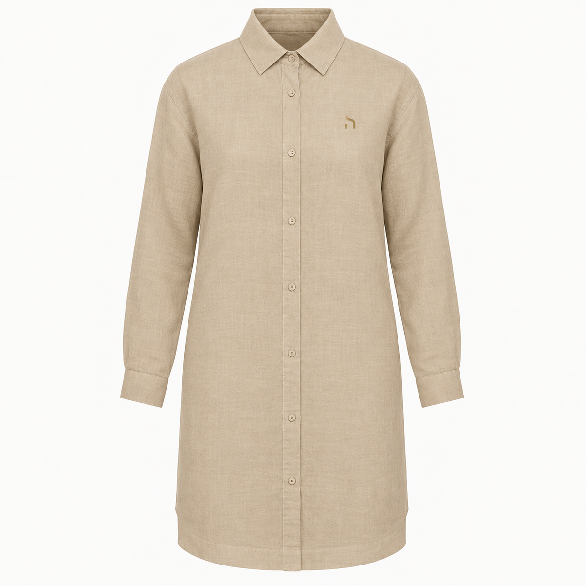 Haensch Coast Linen Resort Dress Damen aus Leinen in Sand Khaki mit goldenem H-Logo, Vorderansicht auf weißem Hintergrund