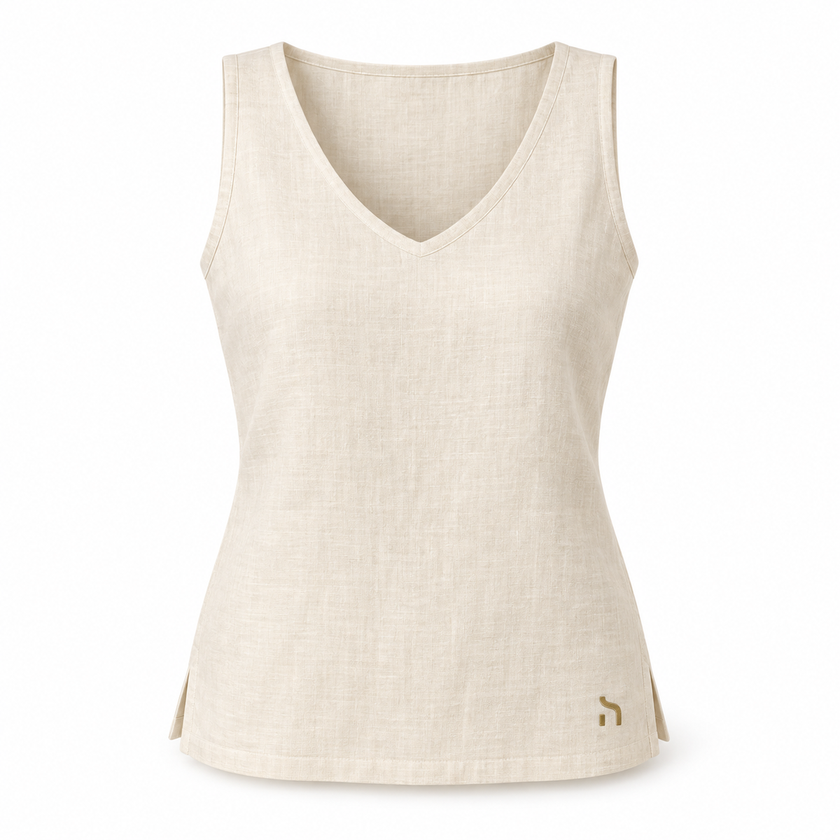 Haensch Coast Linen V-Top Damen in Coast Ivory aus Leinen mit goldenem H-Logo, freigestellte Vorderansicht auf weißem Hintergrund
